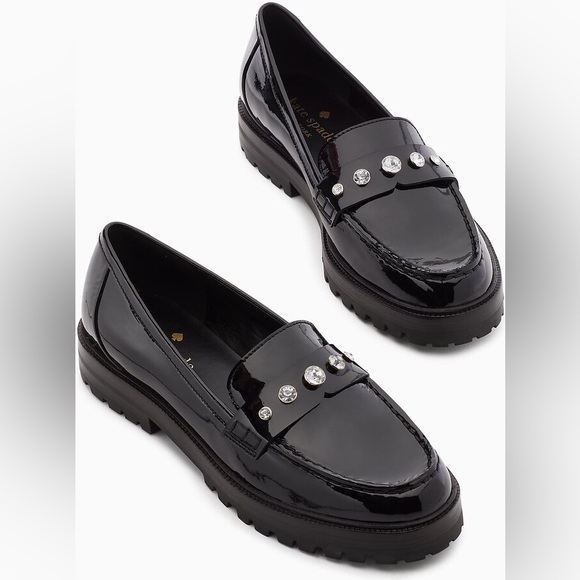 Kate Spade Patent Black Loafers with Rhinestone Accents - Picture 2 of 16